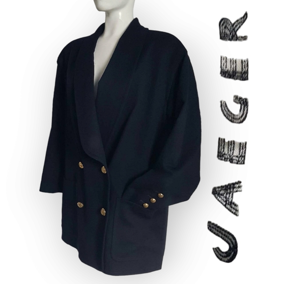 Vintage Jaeger navy double breasted long lapel oversized gold hardware wool med. - Picture 12 of 13